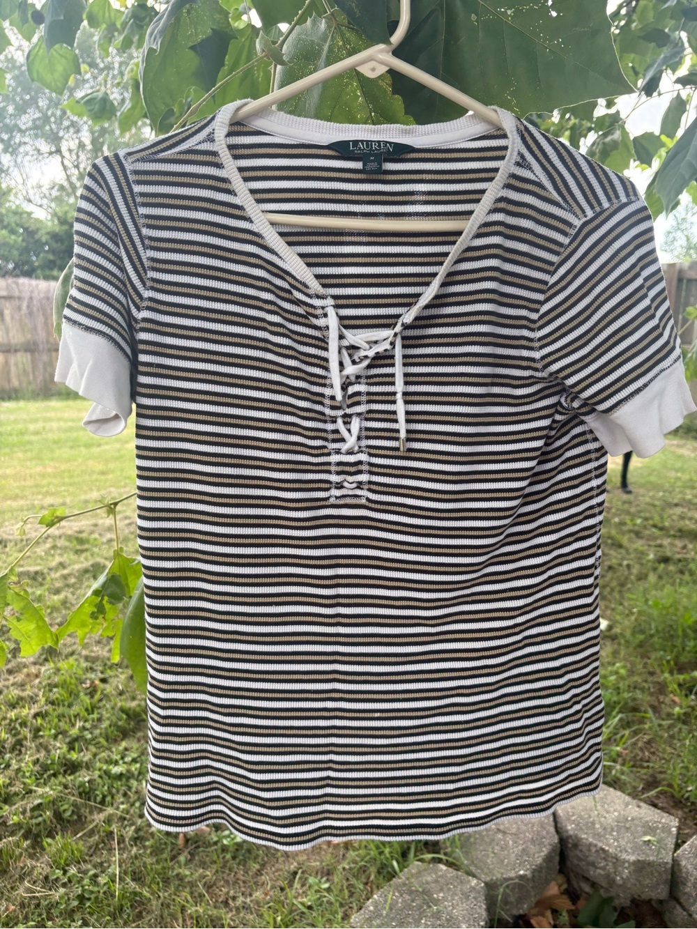 Lauren Ralph Lauren Black and White Striped Lace-Up Short Sleeve Top